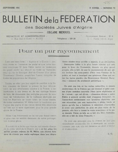 Bulletin de la Fédération des sociétés juives d’Algérie  V°08 N°72 (01/09/1941)